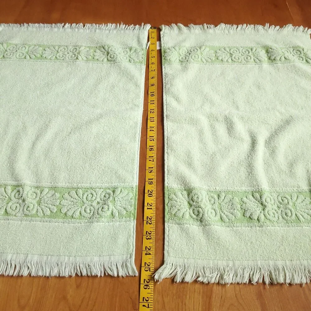 VTG Cannon Hand Towel Lot of 2 Green Sculpted Floral Fringe USA MCM Style READ